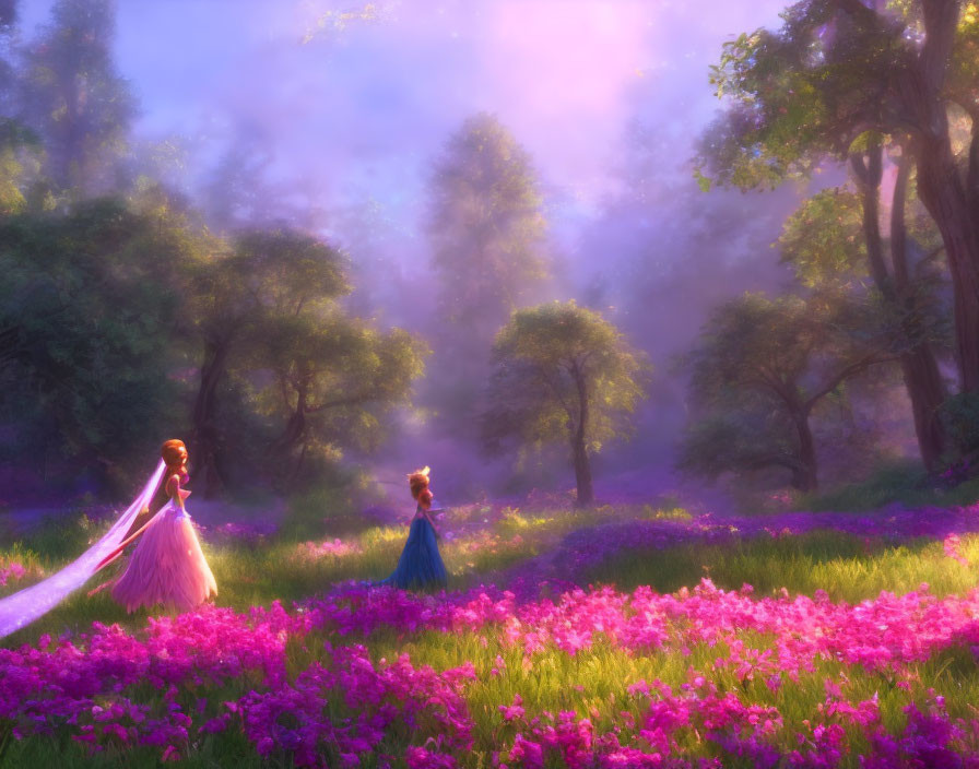 Animated characters in lush purple forest with sunlight beams under purple sky