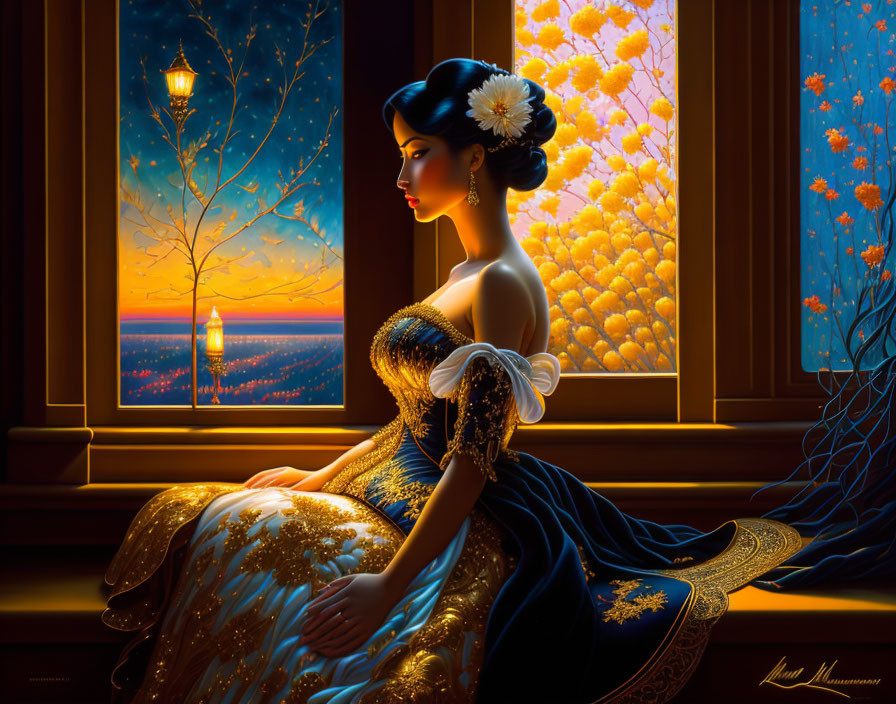 Elegantly dressed woman by window at dusk with warm glow.