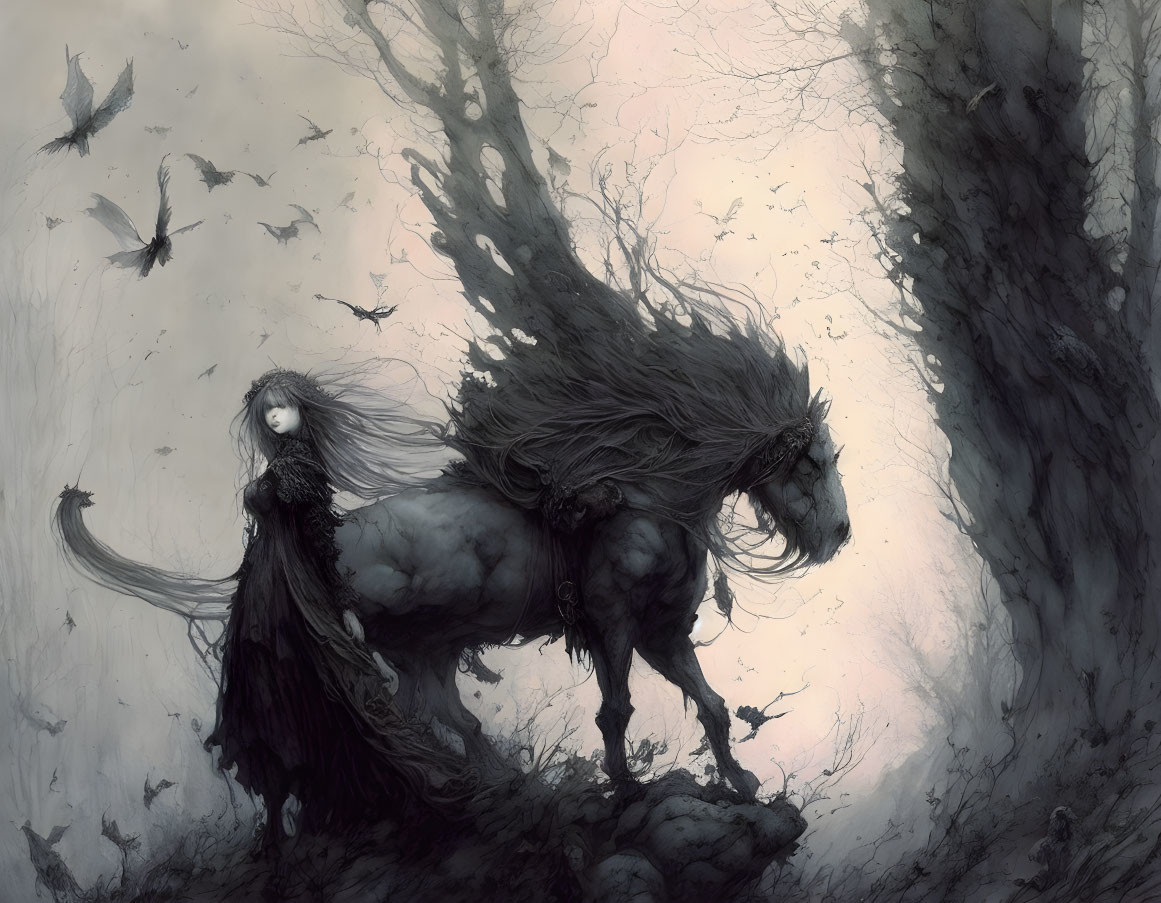 Monochromatic fantasy art: woman on horse in misty forest