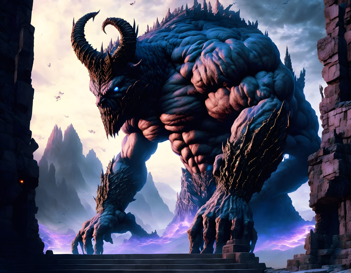 Massive horned creature in purple rocky landscape at dusk