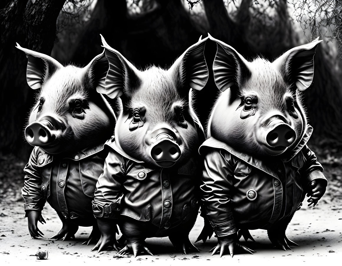 Stylized black and white fantasy pigs in jackets