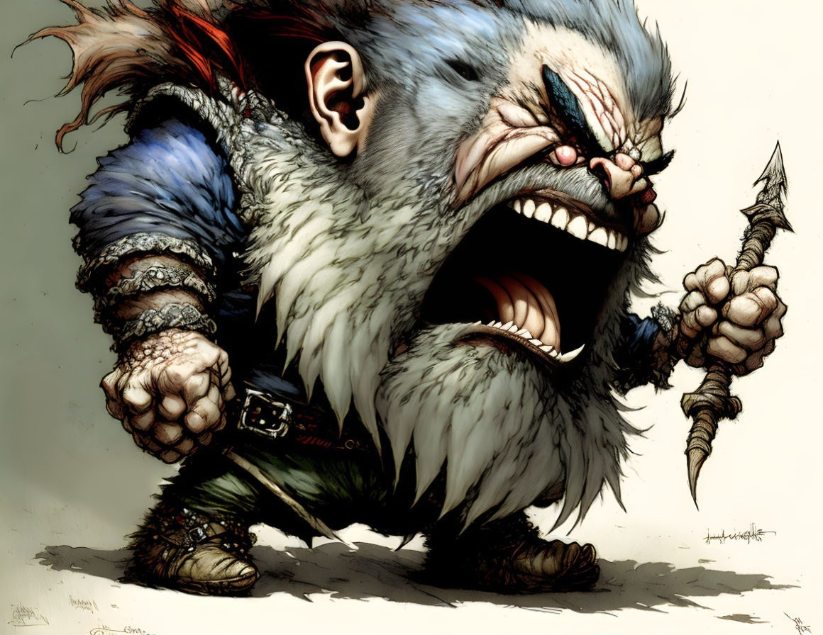 Fantasy Dwarf Warrior Illustration with Spear and Fur Armor