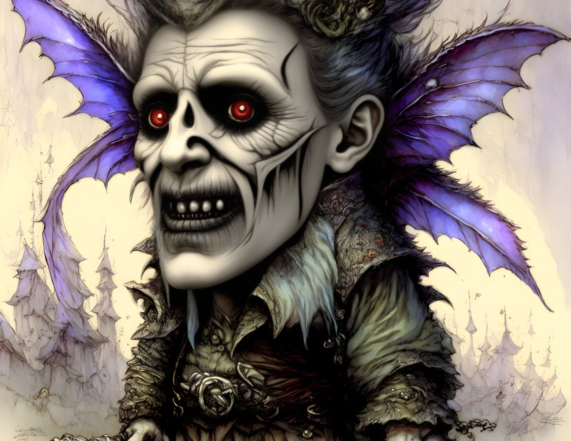 Skull-faced creature with red eyes and purple bat wings on eerie background