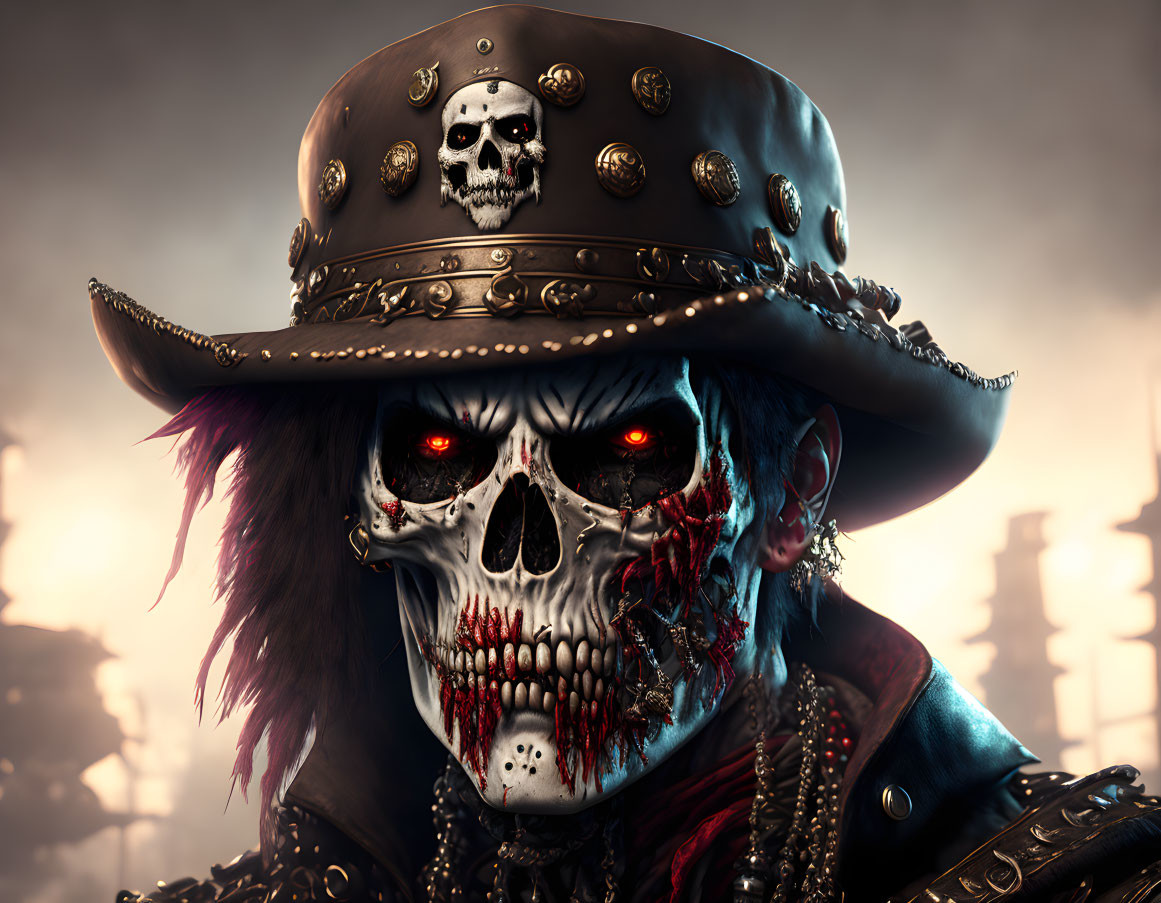 Sinister skull with red glowing eyes and pirate hat in dusky backdrop