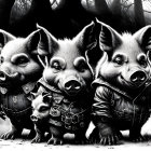 Stylized black and white fantasy pigs in jackets