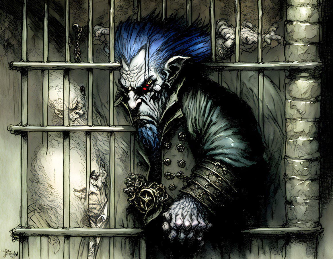 Menacing blue-furred creature in Victorian attire with red eyes and fangs, holding dungeon bars with