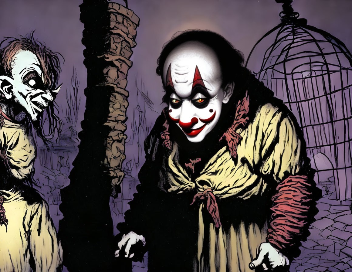 Two clowns in eerie setting: one bright, one dark