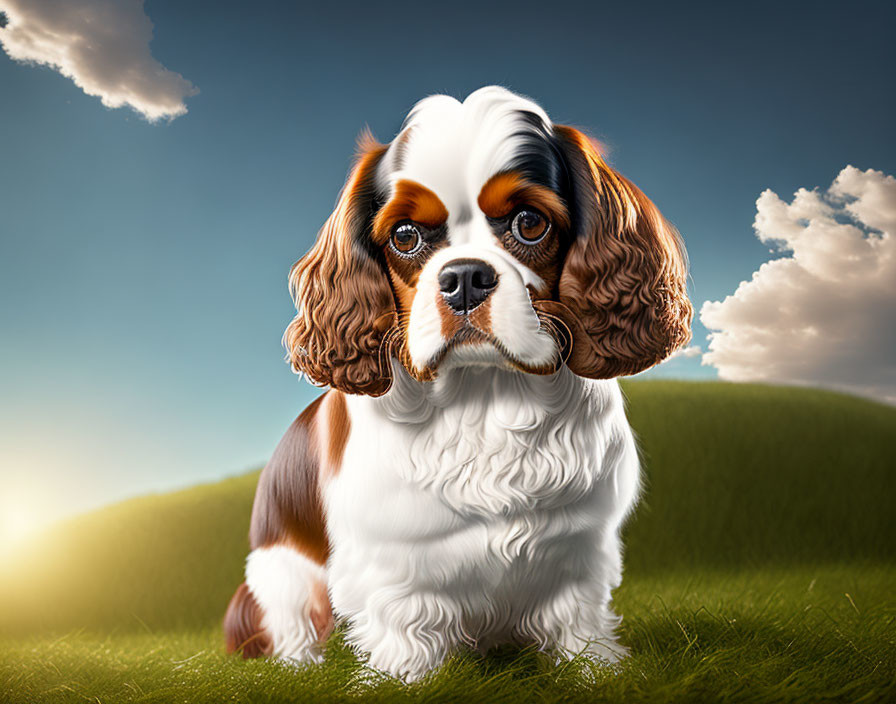 Cavalier King Charles Spaniel Sitting on Grass with Blue Sky and Clouds