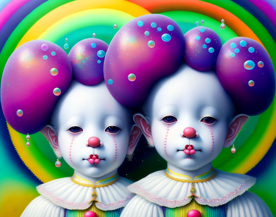 Identical figures with cosmic face paint and bubble hair on rainbow backdrop