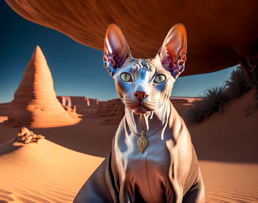 Digital art of humanoid Sphynx cat in desert landscape