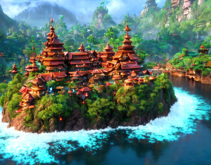Colorful animated landscape with traditional buildings on island by river and green hills.