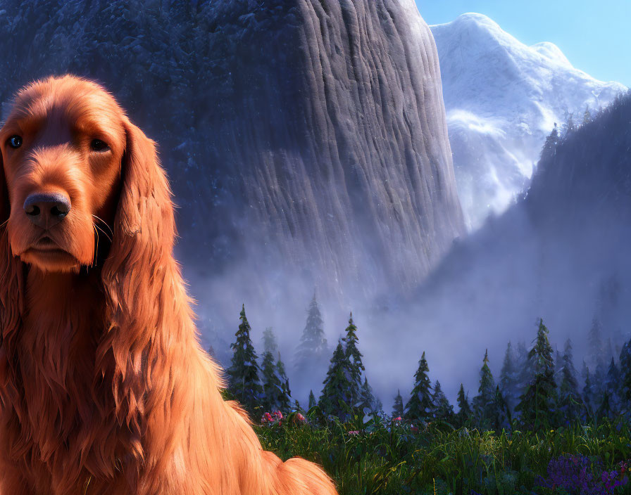 Golden Retriever Sitting in Front of Misty Forest Mountains & Waterfall