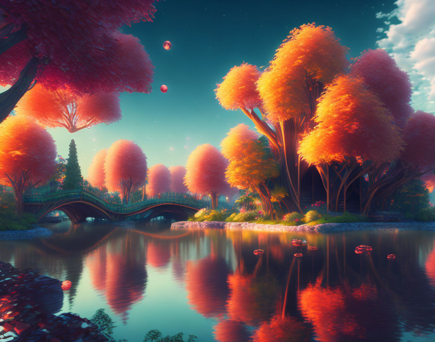 Tranquil Fantasy Landscape with Lake, Trees, Bridge, and Lanterns