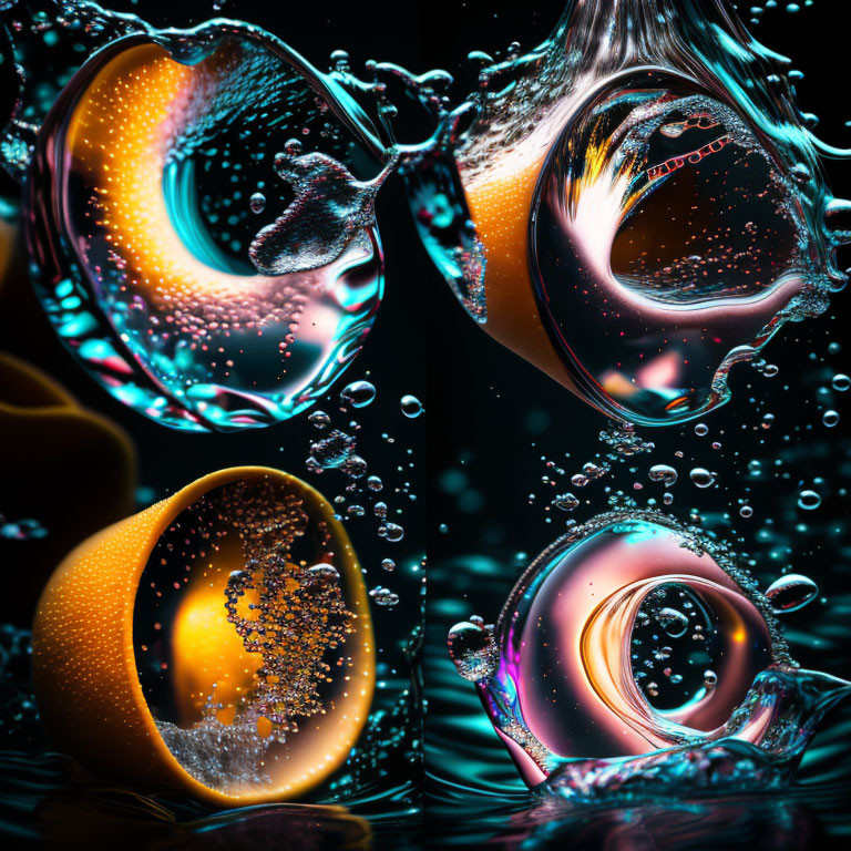 Vibrant abstract liquid swirls with dynamic droplets on dark background