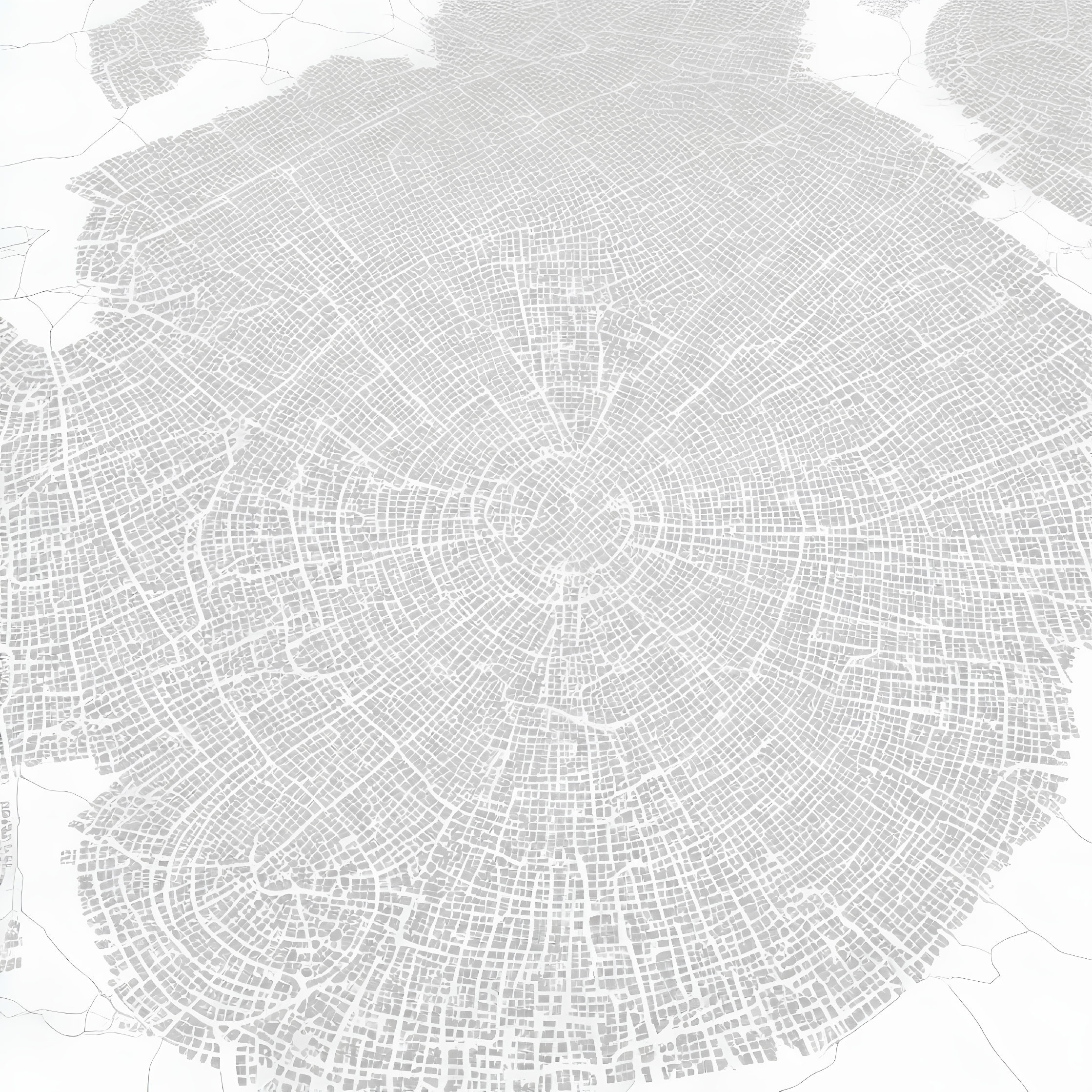 Monochrome map of circular city layout with spiderweb-like streets