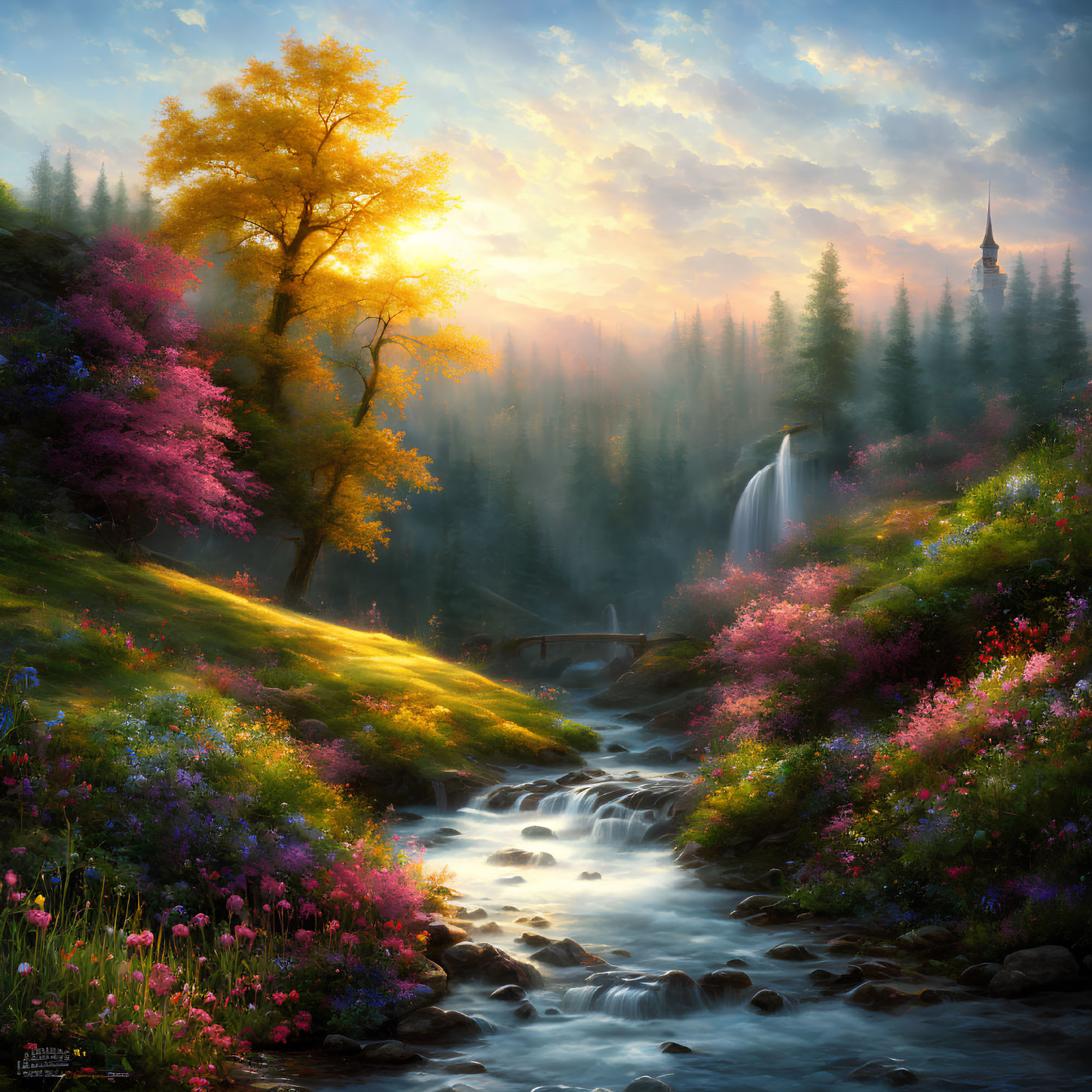 Vibrant sunset landscape with waterfall, stream, and tower in soft haze