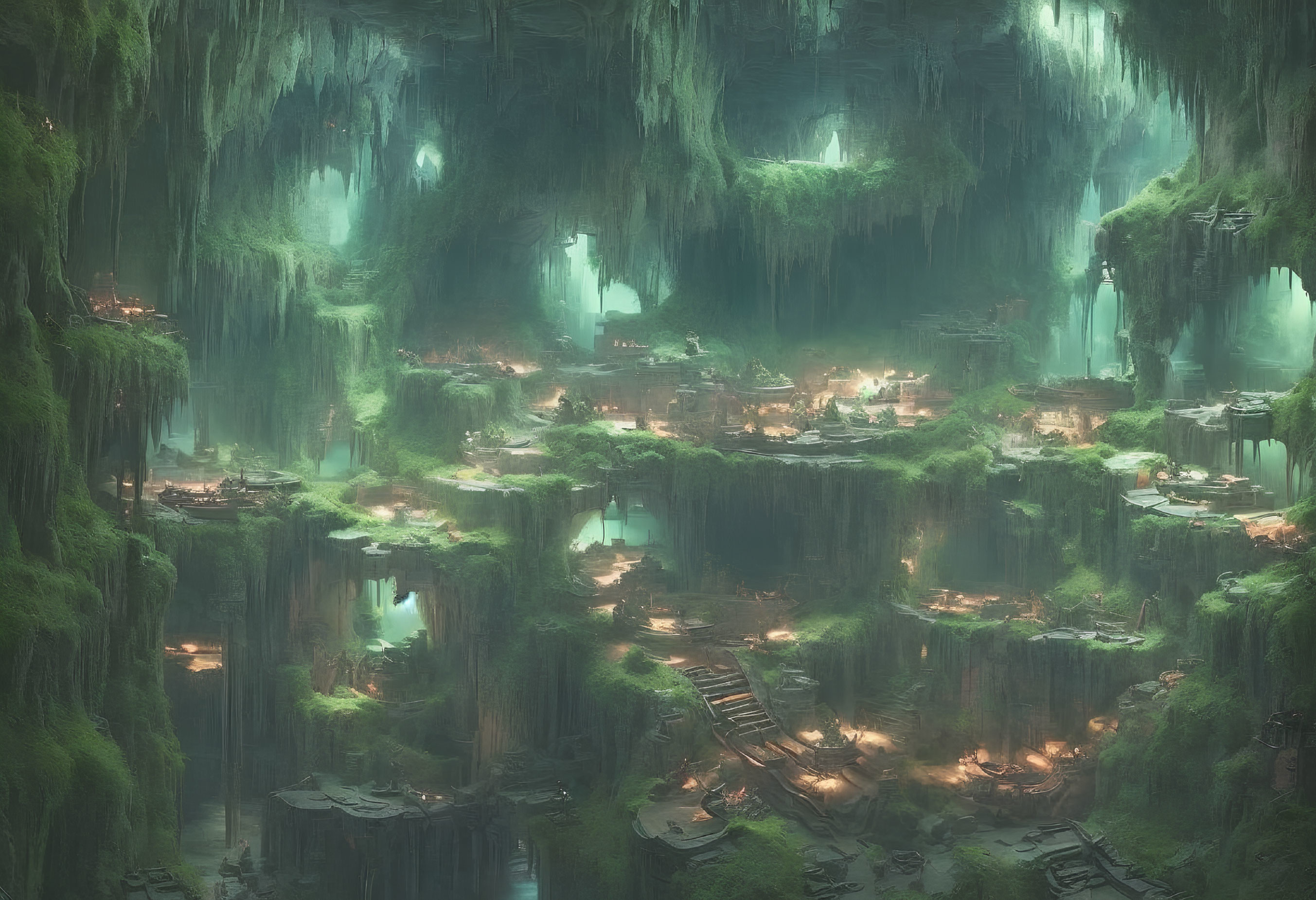 Enchanting underground cave with glowing lights, greenery, waterfalls, and wooden structures