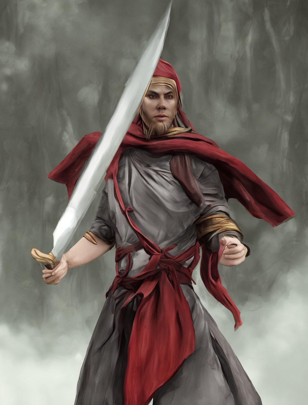 Warrior in red headband wields large sword in grey traditional garb