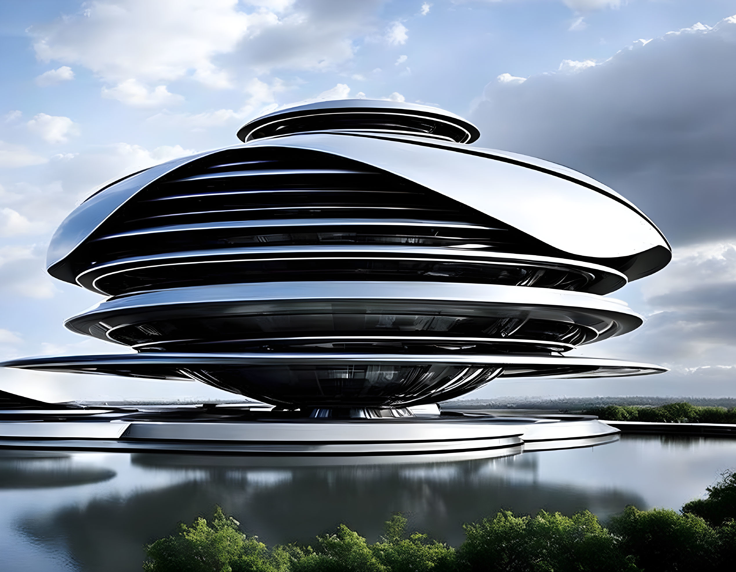 Concentric elliptical floors in futuristic building by calm water