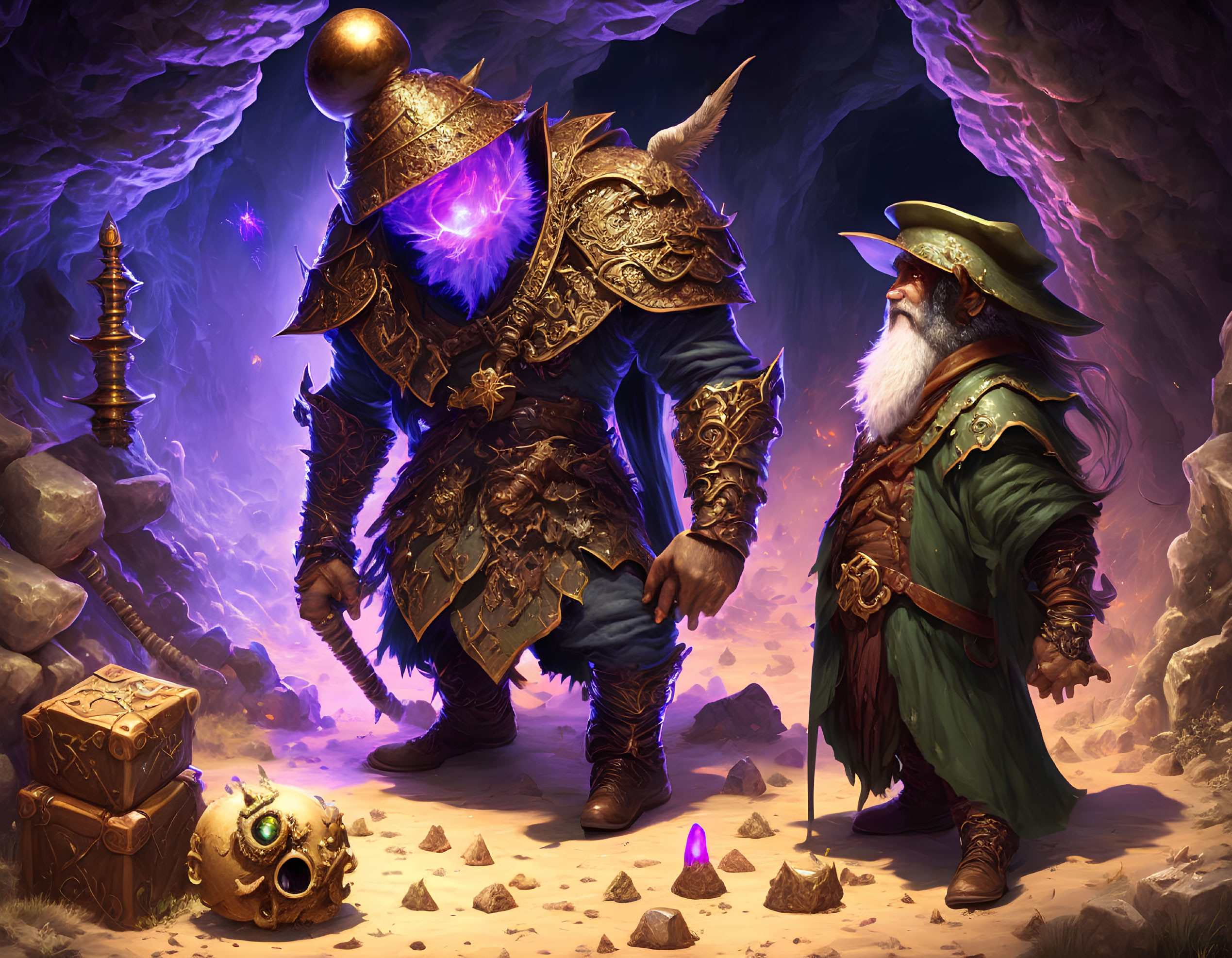 Fantasy Artwork: Armored Warrior and Dwarf in Cave with Treasure