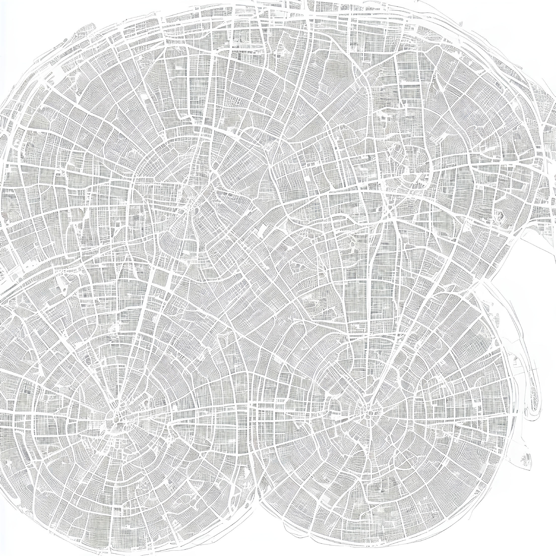 Detailed Monochrome Map of Circular City Layout