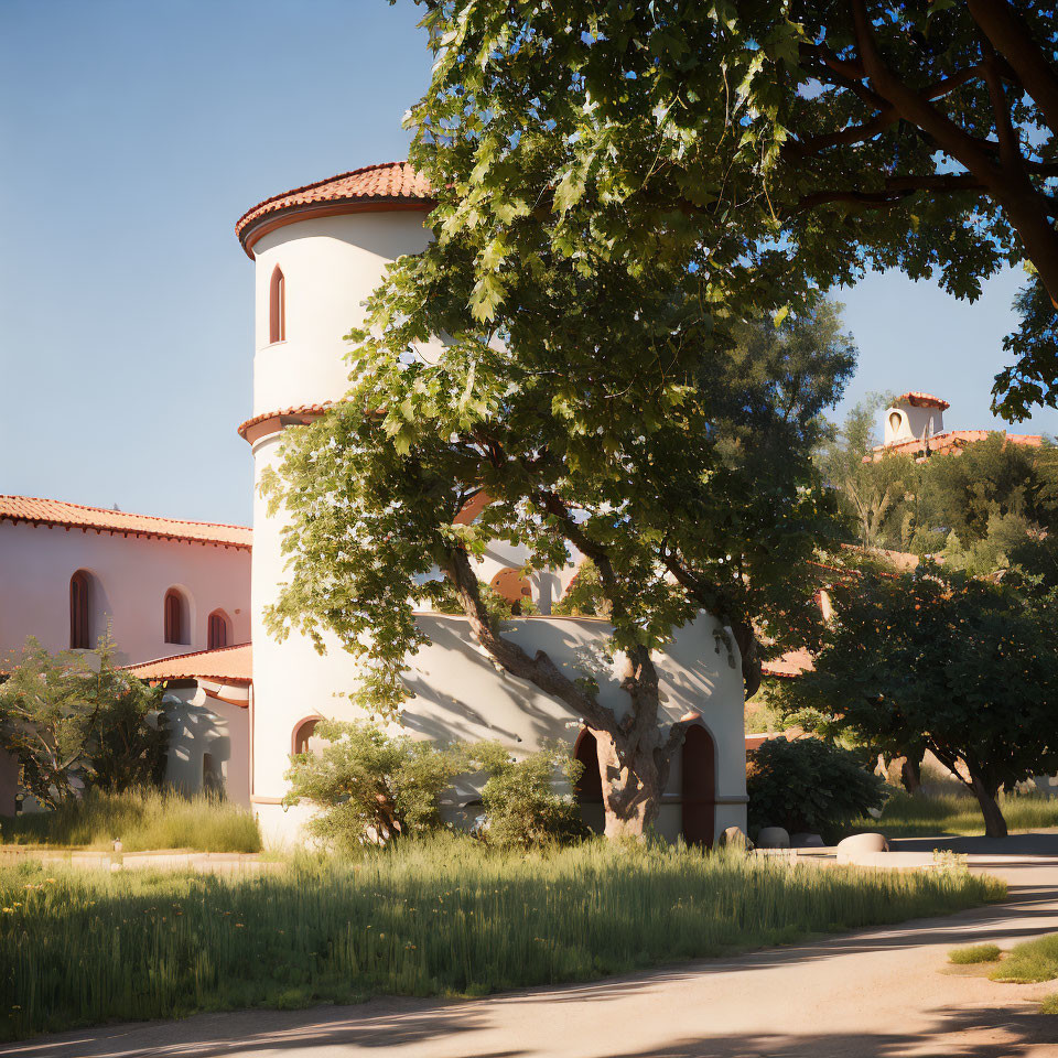 Sunlit Mediterranean-style building with round tower amidst lush greenery