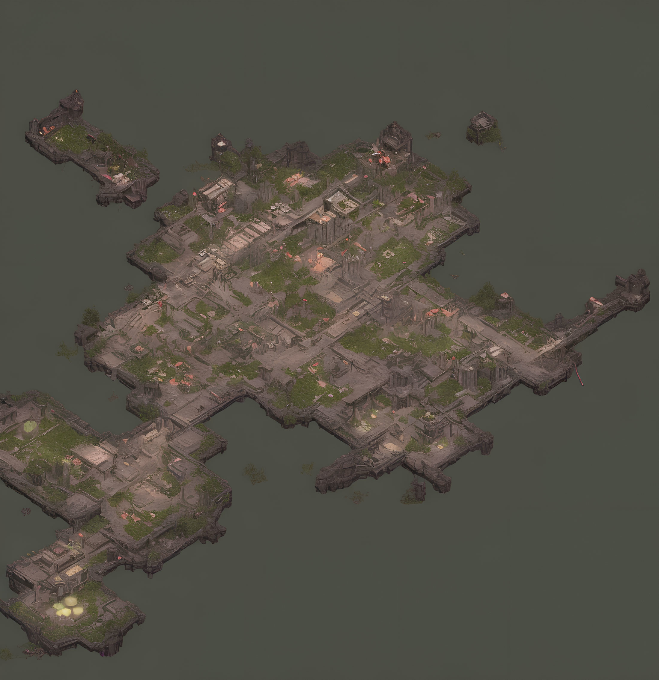 Isometric View of Dark Post-Apocalyptic Cityscape Island