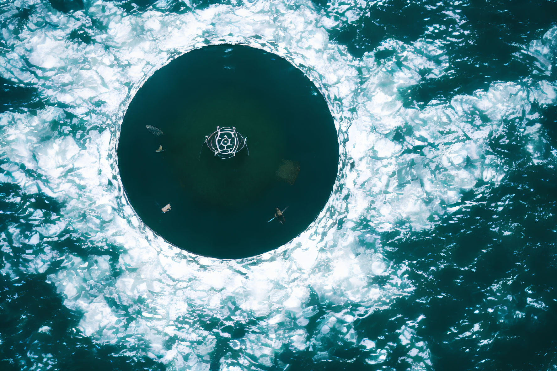 Circular Hole in Ice-Covered Water with Marine Life and Ice Chunks