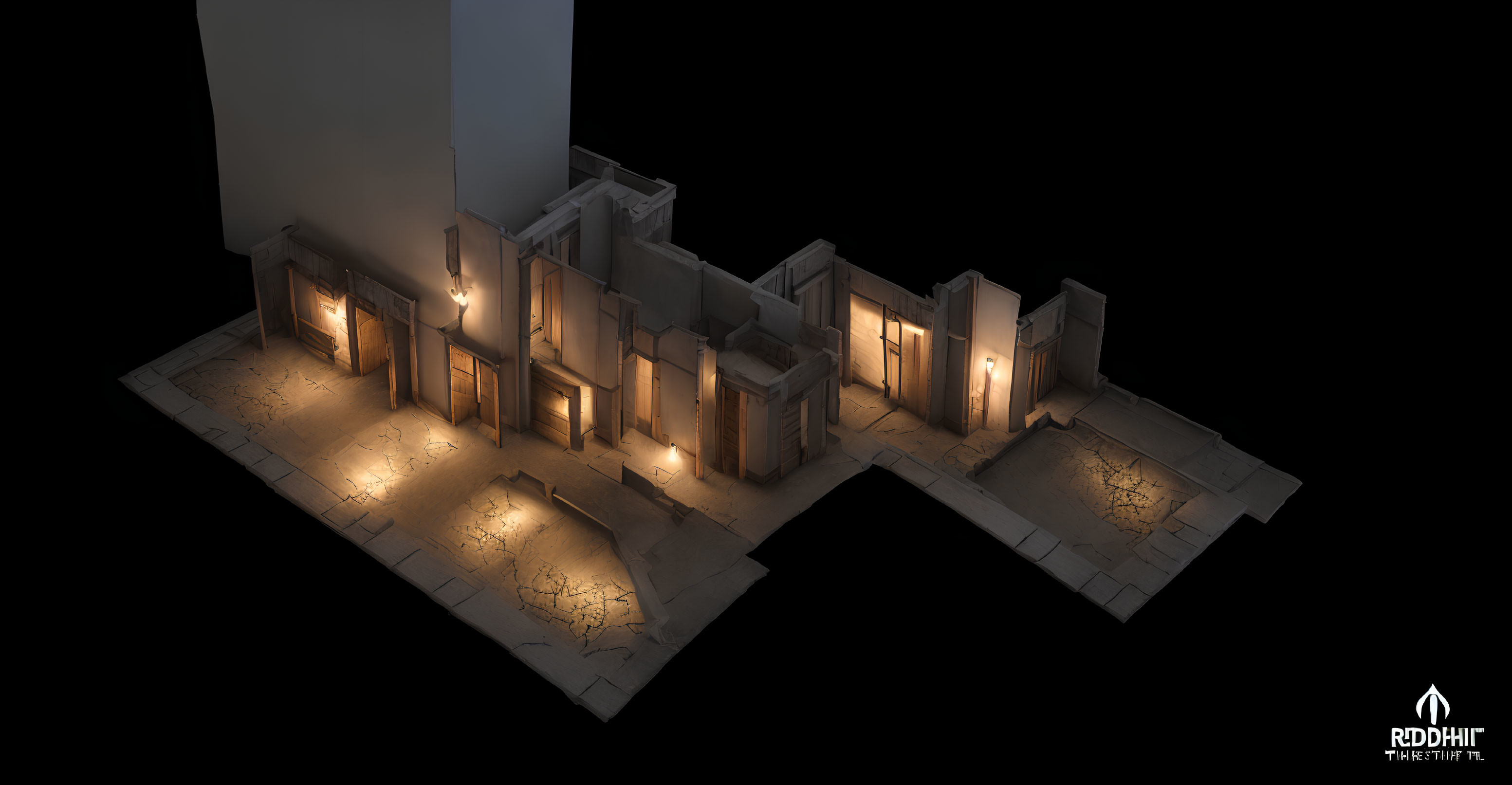 Dimly Lit 3D Architectural Building Model with Street Lights Casting Warm Glows