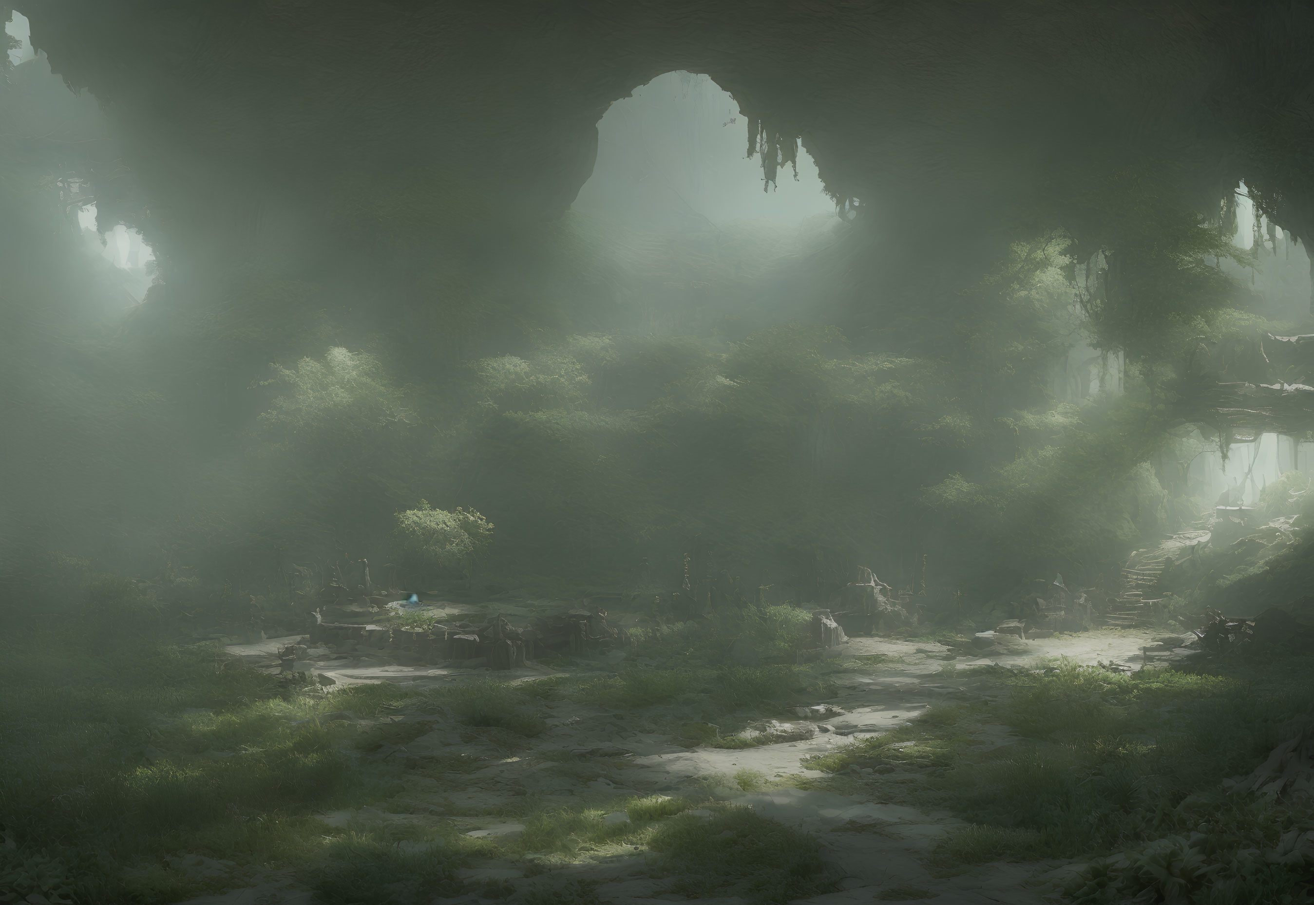 Mystical cave with lush greenery and remnants of civilization.