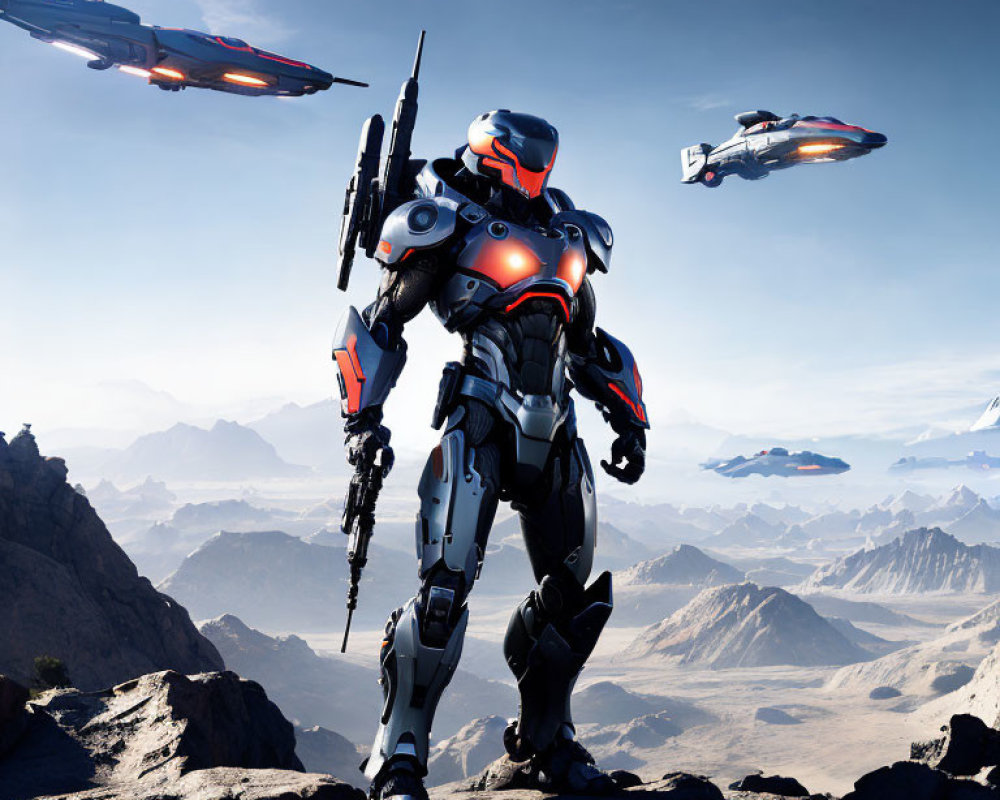 Futuristic armored soldier with rifle on rocky terrain with flying ships in vast desert landscape