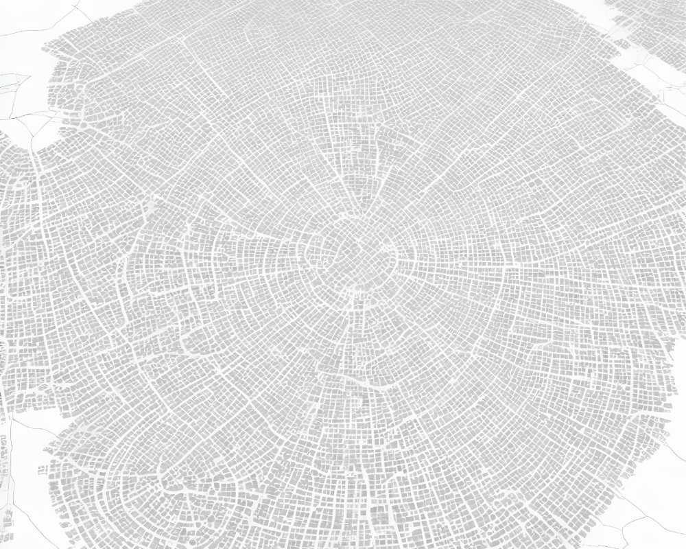 Monochrome map of circular city layout with spiderweb-like streets