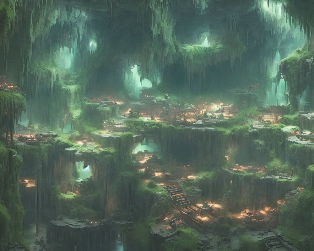 Enchanting underground cave with glowing lights, greenery, waterfalls, and wooden structures