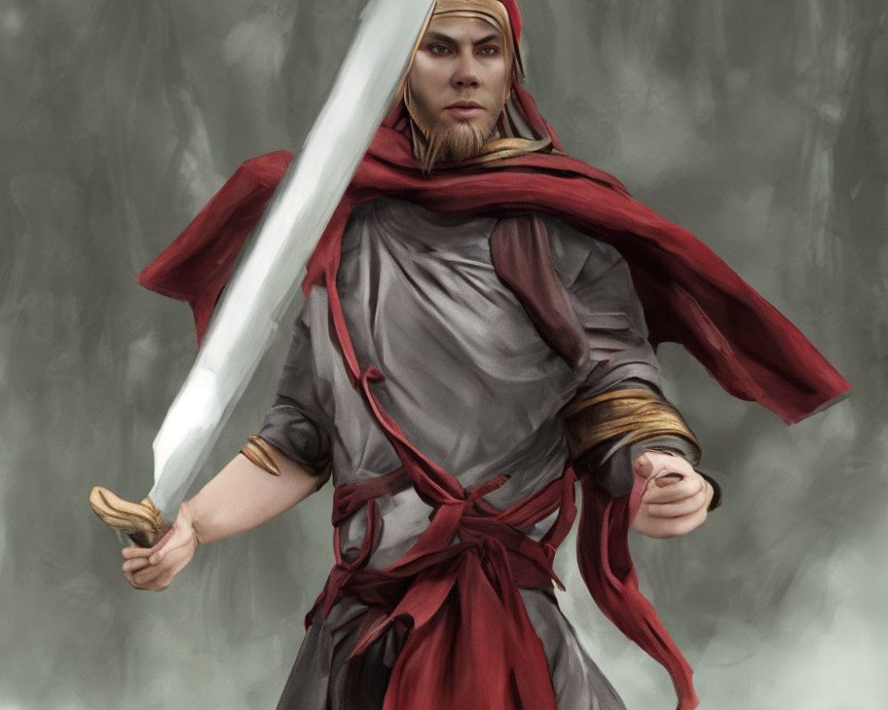 Warrior in red headband wields large sword in grey traditional garb