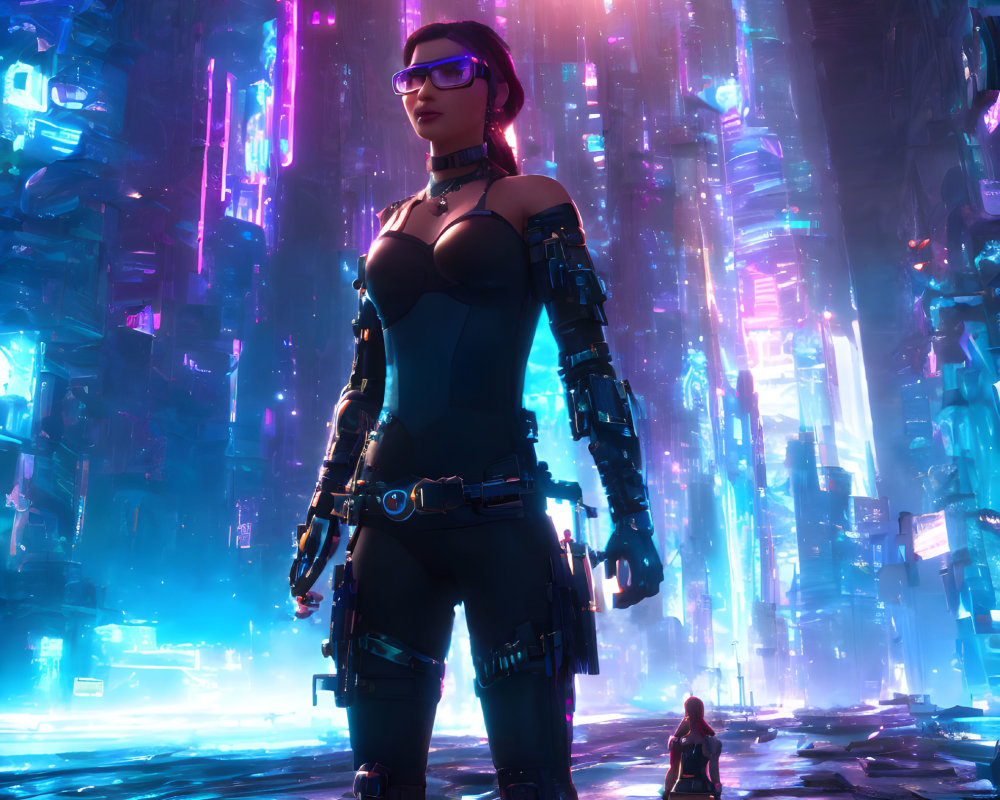 Cybernetic Arm Woman in Neon-lit Futuristic Cityscape