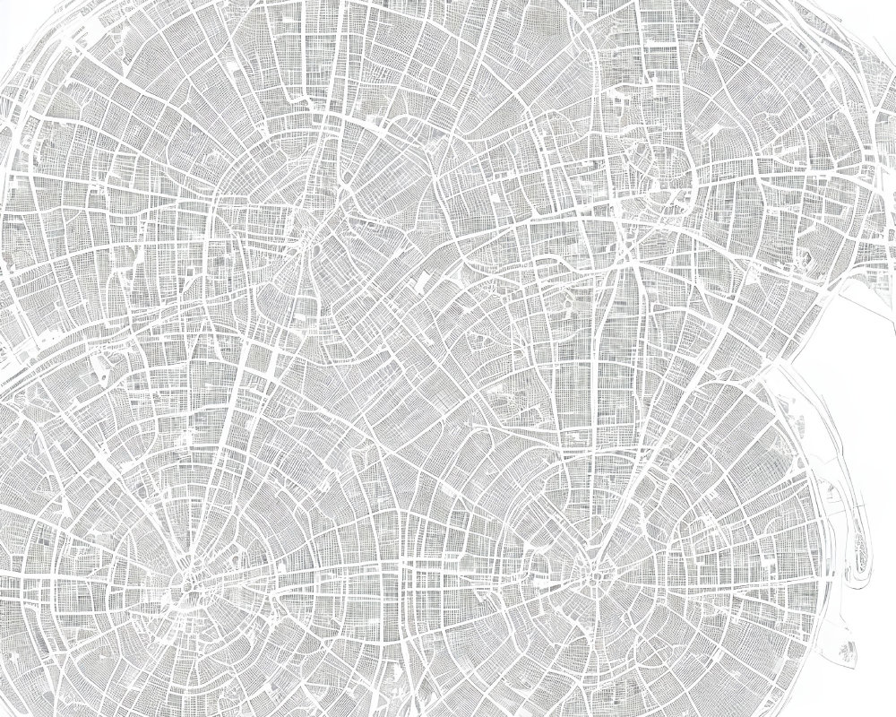 Detailed Monochrome Map of Circular City Layout