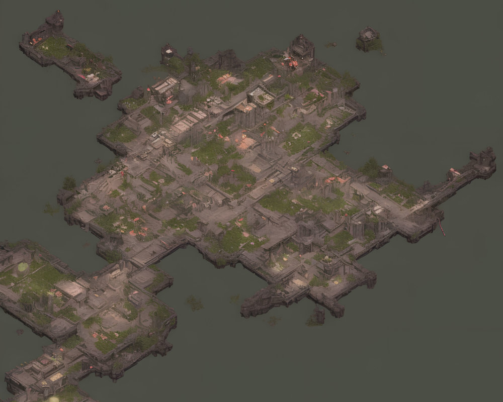 Isometric View of Dark Post-Apocalyptic Cityscape Island