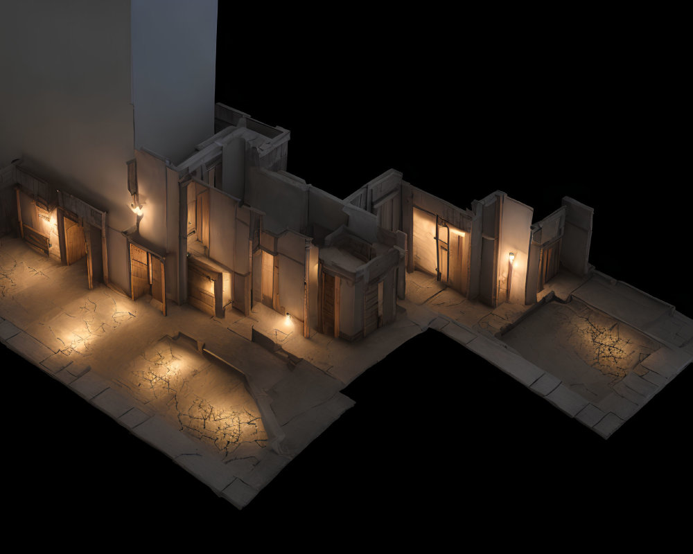 Dimly Lit 3D Architectural Building Model with Street Lights Casting Warm Glows