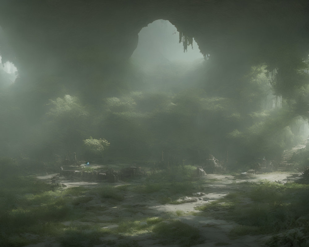 Mystical cave with lush greenery and remnants of civilization.