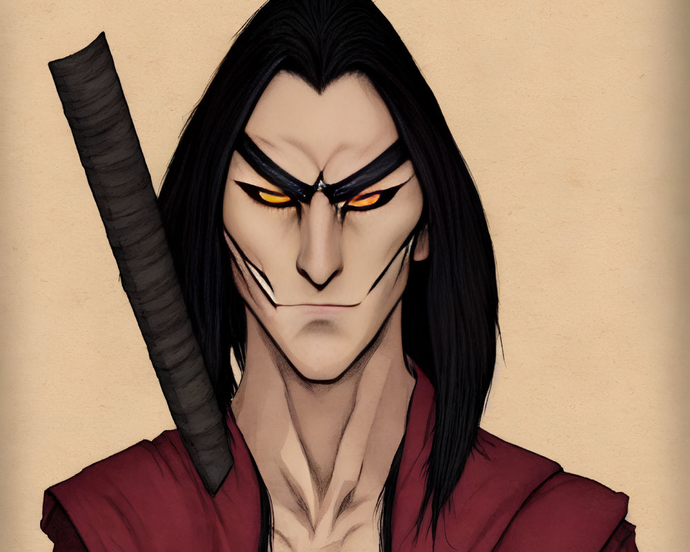 Anime character with yellow eyes, black hair, red cloak, and katana