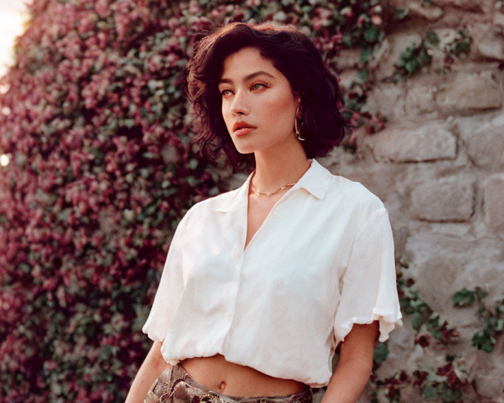 Short Wavy Hair Woman in White Blouse with Pink Flowering Vines Wall