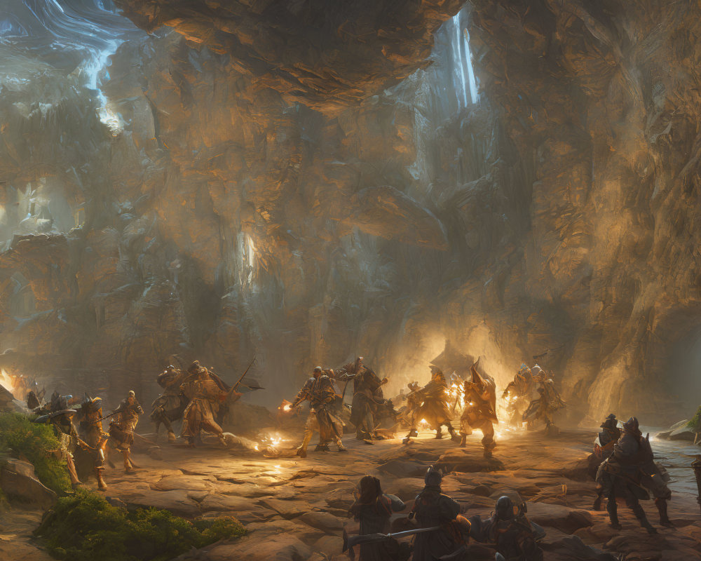 Armored warriors in fierce battle inside dimly lit cavern