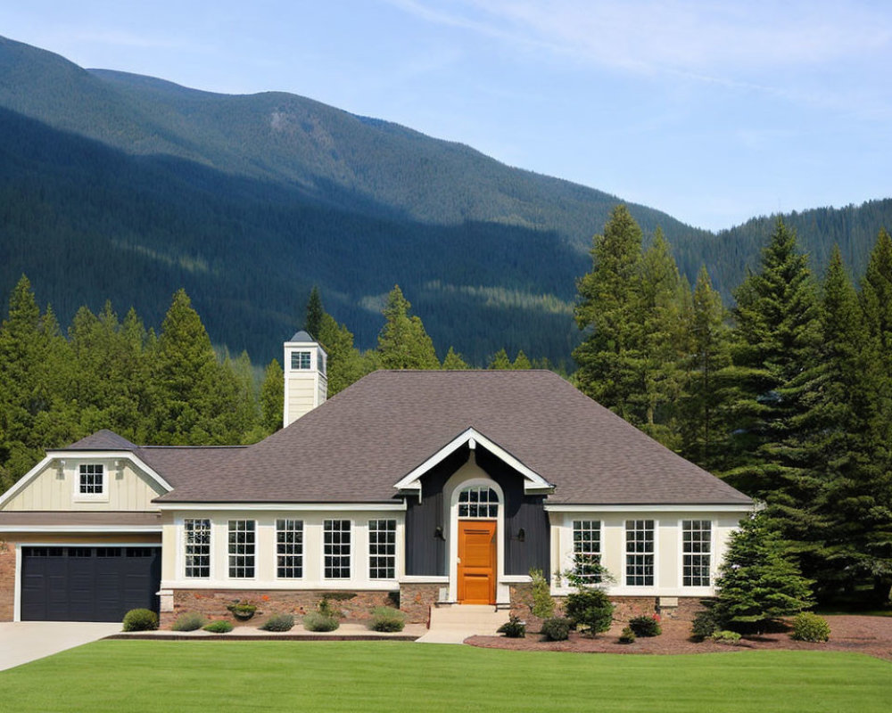 Gray Siding Single-Story House with Orange Door and Attached Garage