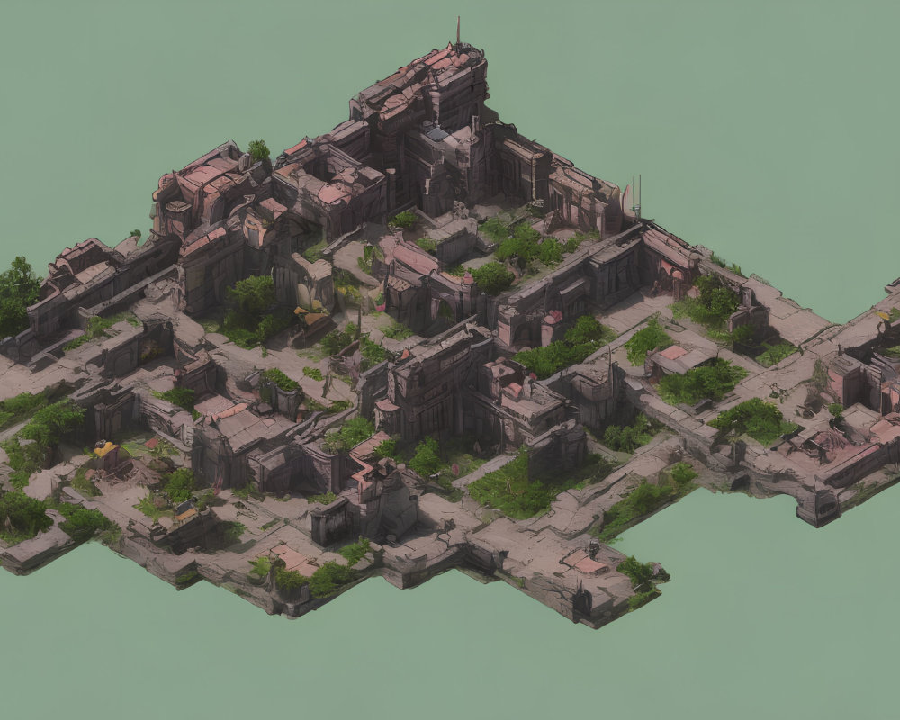 Detailed Isometric View of Abandoned Urban Area with Overgrown Ruins on Isolated Landmass