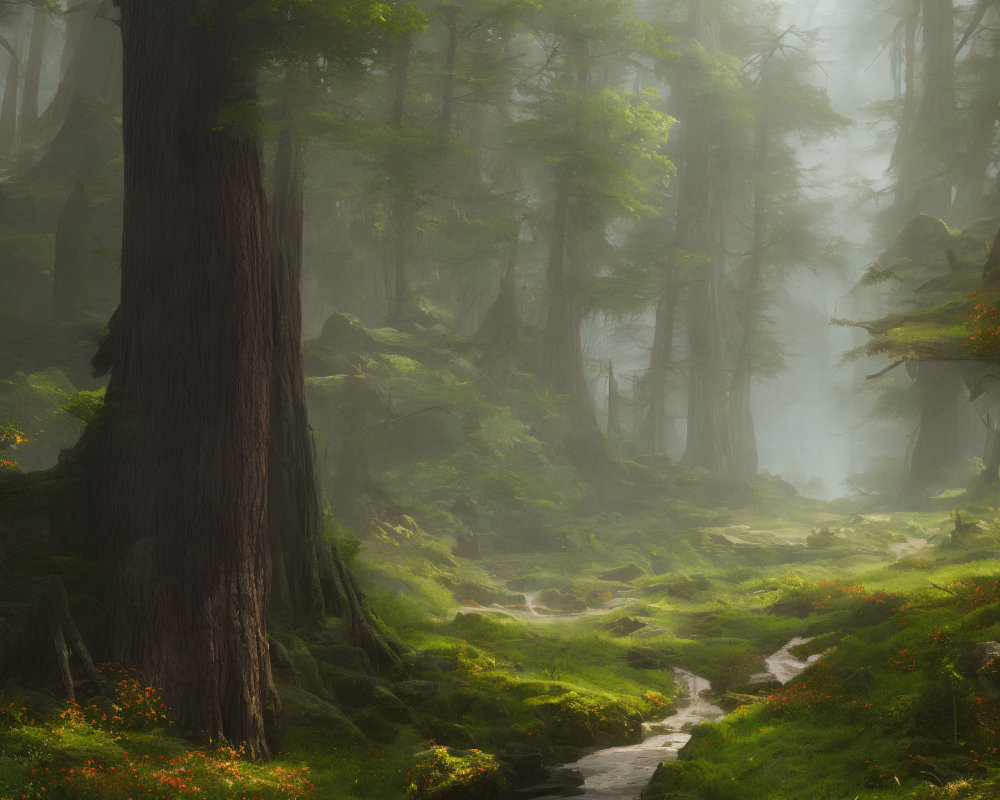 Tranquil forest landscape with stream, moss, trees, and sunlight.