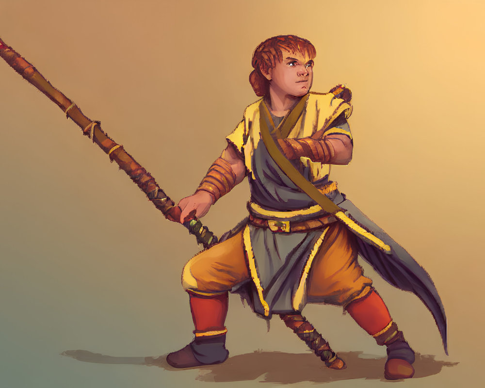 Fantasy character with spear in yellow and orange attire