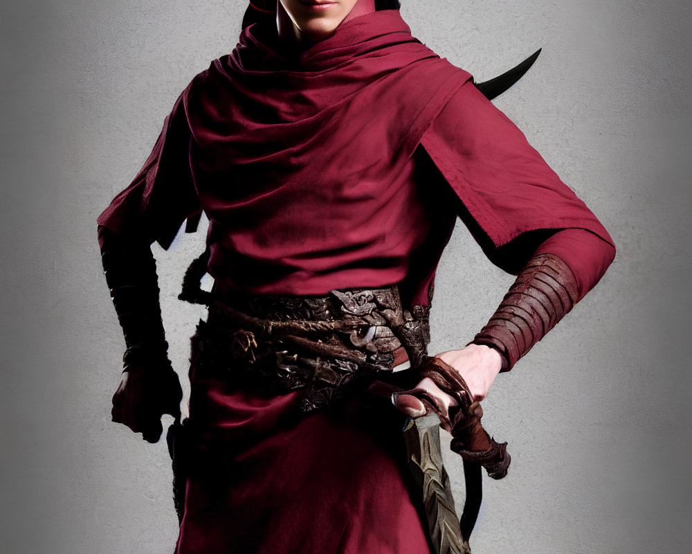 Elaborate elf costume with pointy ears, maroon cloak, sword, and fantasy belt.