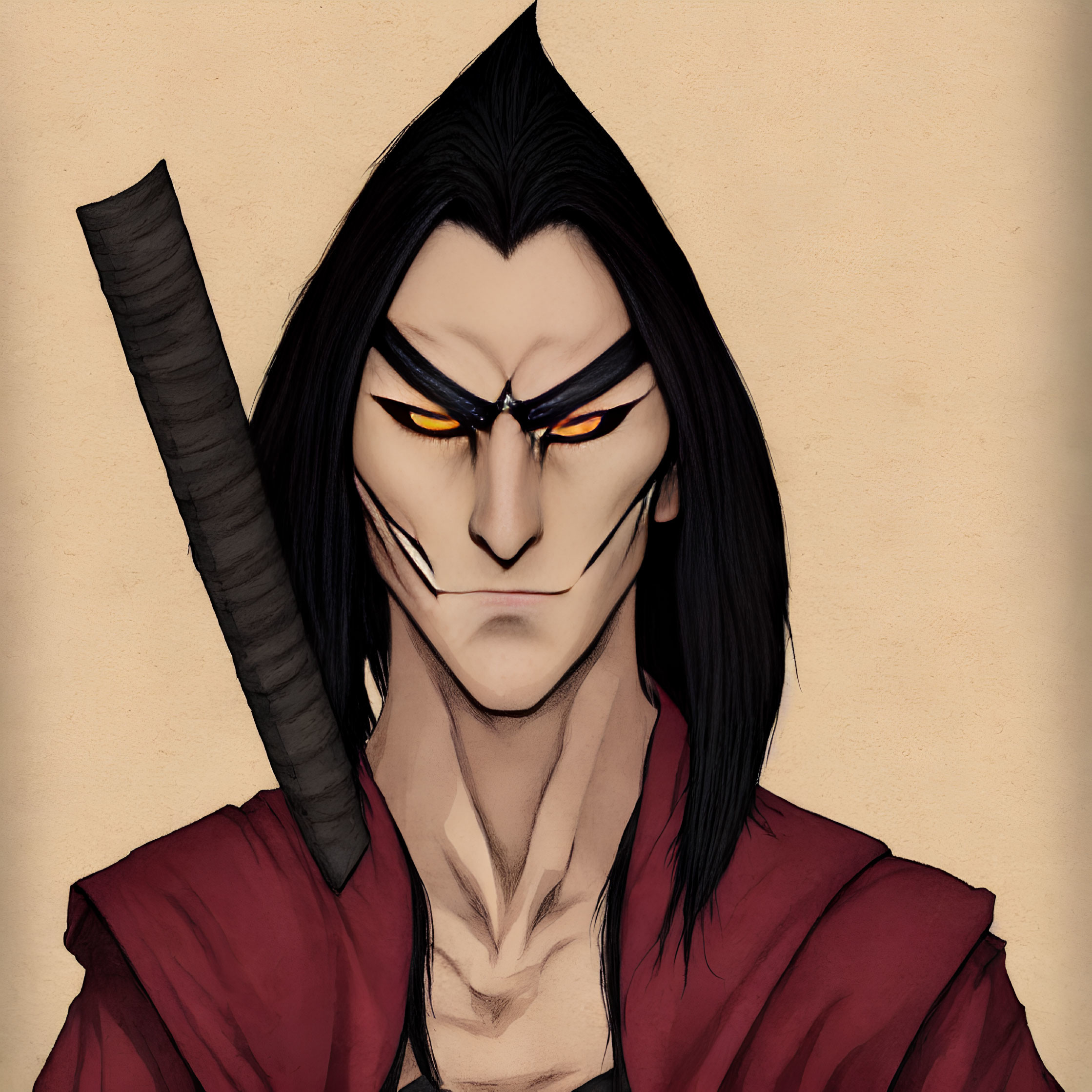 Anime character with yellow eyes, black hair, red cloak, and katana