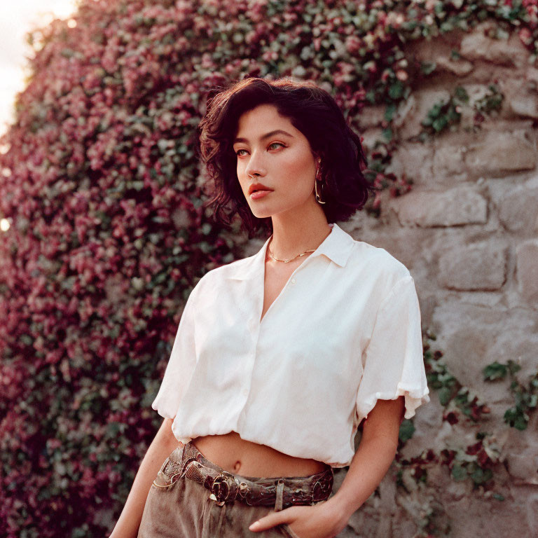 Short Wavy Hair Woman in White Blouse with Pink Flowering Vines Wall