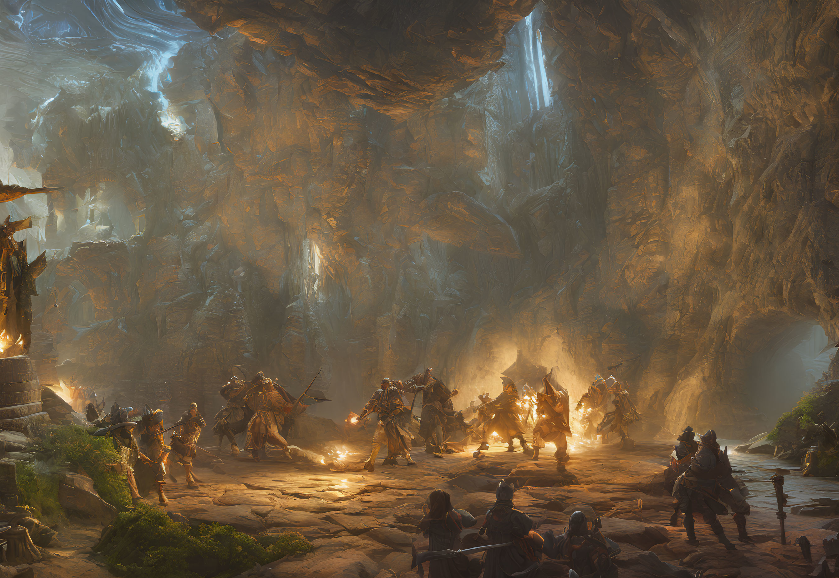 Armored warriors in fierce battle inside dimly lit cavern